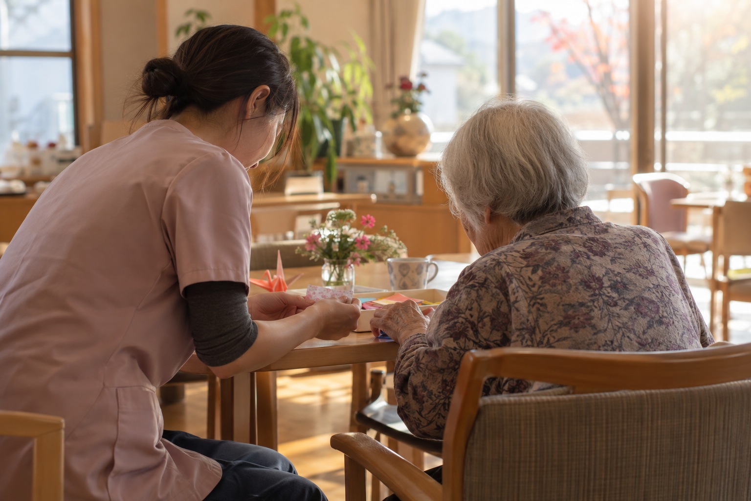 介護施設で高齢者を支援する介護スタッフ / A caregiver assisting an elderly resident at a care facility